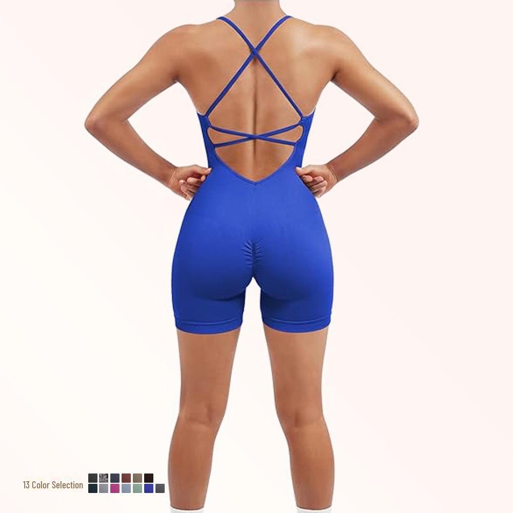 Nahtloser Yoga-Anzug mit Brustpolster - Damen Einteiler Fitness-Shorts & Schönes Rückendesign