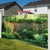 2D Outdoor Garden Fence Tapestry, Green Vines and Plants On Wood Fence Backdrop
