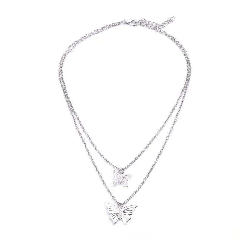 

Fashion Punk Classic Double Layer Butterfly Necklace Wedding Jewelry Collar Chain Pendant Neckchain Accessories Creative Gifts Sliver