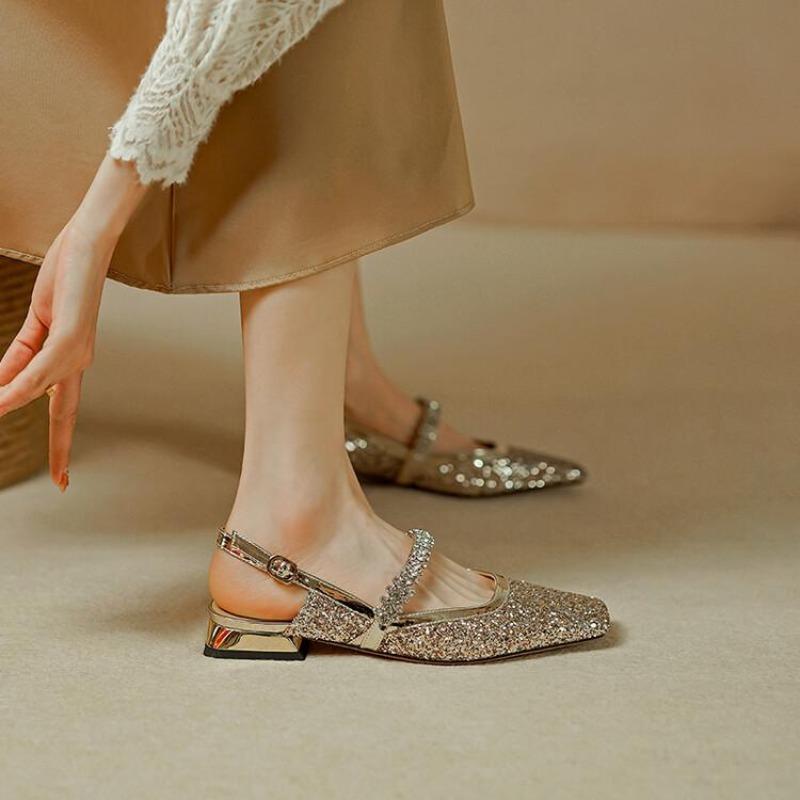 

Fashion French Rhinestone Sequin Crystal Shoes Women Square Toe Low Heels Mary Jane s Baotou Buckle Belt Thick Slingback Sandals 39 шампанского