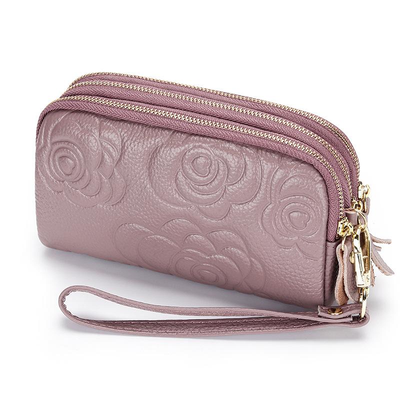 

Ladies genuine leather clutch purses Long Women Wallet Multilayer Zipper wrist bag female Coin Purse Flowers Mobile phone bag