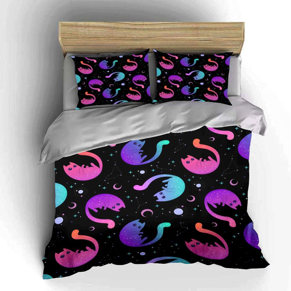 Galactic Cat Pattern Decor Setsuitable For Creative Indoor Decor. Exquisite Three-Piece Bedding Set Gift For Kids And Adults