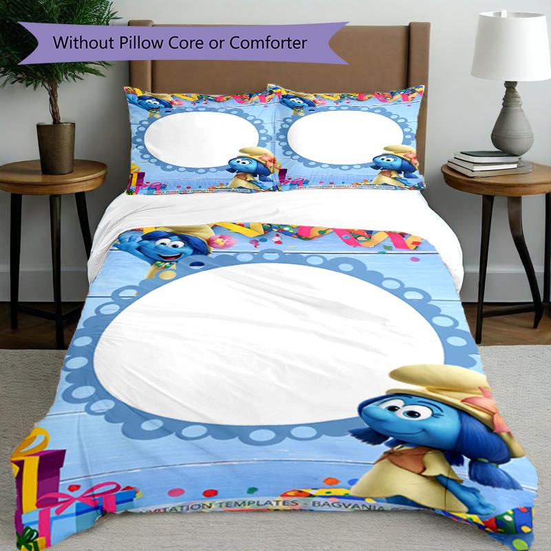 3pcs Duvet Cover Set (1*Duvet Cover + 2*Pillowcase, Without Core), Blue Smurfs Print Bedding Set, Bedroom Decor, All‑Season, Birthday Gift