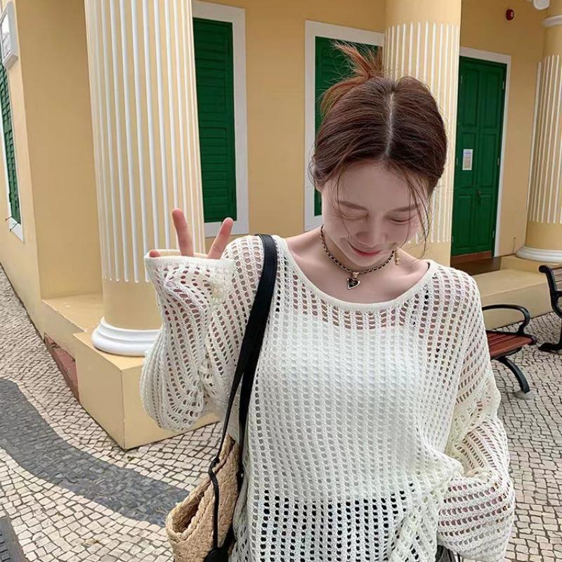 

Ажурная трикотажная накидка женская летняя и осенняя простая свободная повседневная рубашка Bf Lazy Sun One Size бежевый