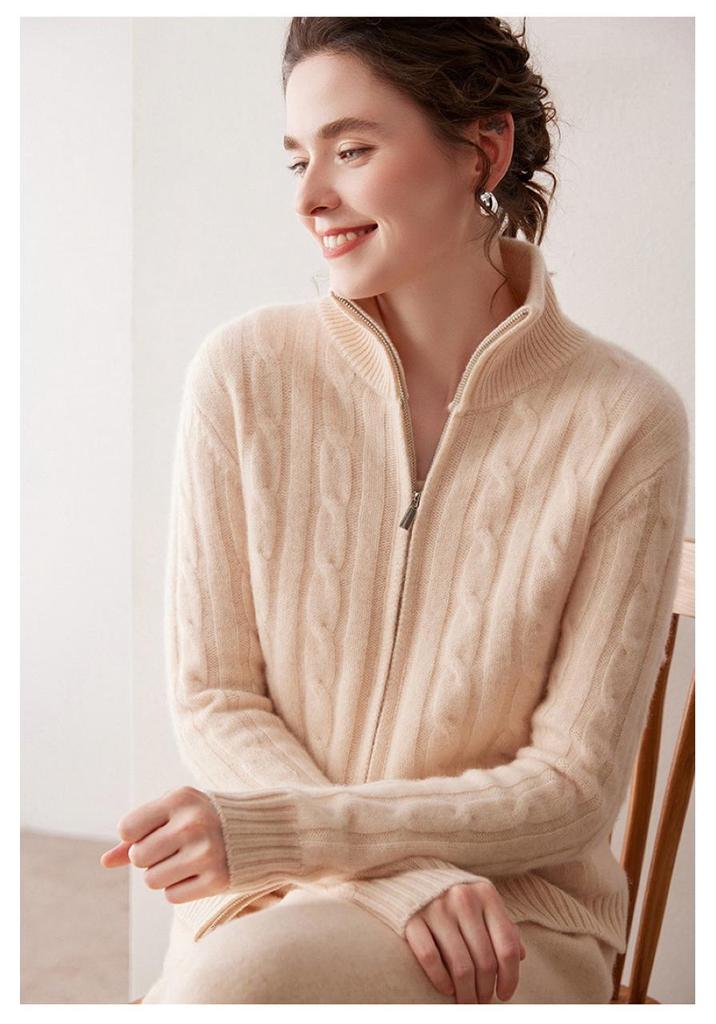 Luxury Double Zipper Heavy Duty Cable Knit Cashmere Cardigan for Women - High Neck, Loose Fit, Slimming, Thick Sweater Coat