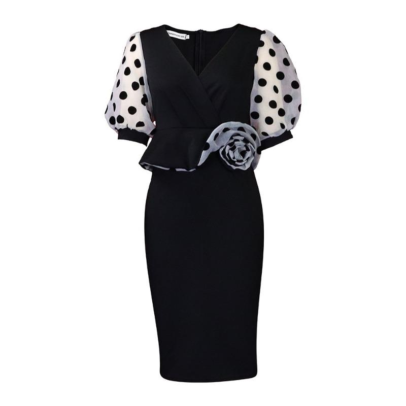 Plus Size Women Fashion V Neck Mesh Patchwork Midi Pencil Dress