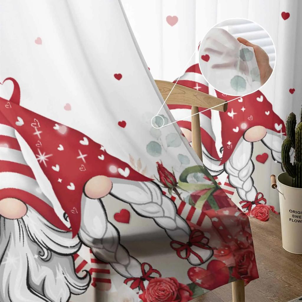 Valentine'S Day Rose Love Gnome Tulle Curtains For Living Room Sheer Curtain For Bedroom Kitchen Blinds Voile Curtains