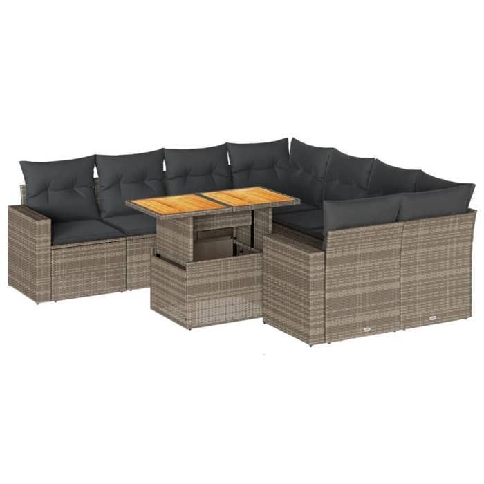 VidaXL Salon de jardin 9 pcs avec coussins gris résine tressée, ensemble de canapés d'extérieur, salon de jardin, ensemble 3327021