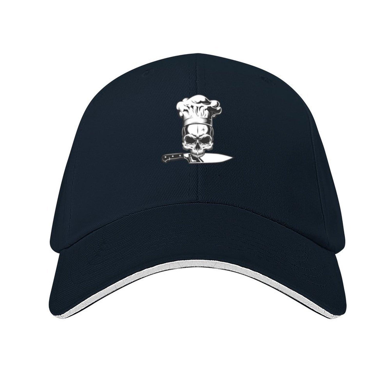 

Chef skull with knife Anthony Bourdain emblem and moto Baseball Cap Hood Trucker Cap Fashion Beach Mens Baseball Womens