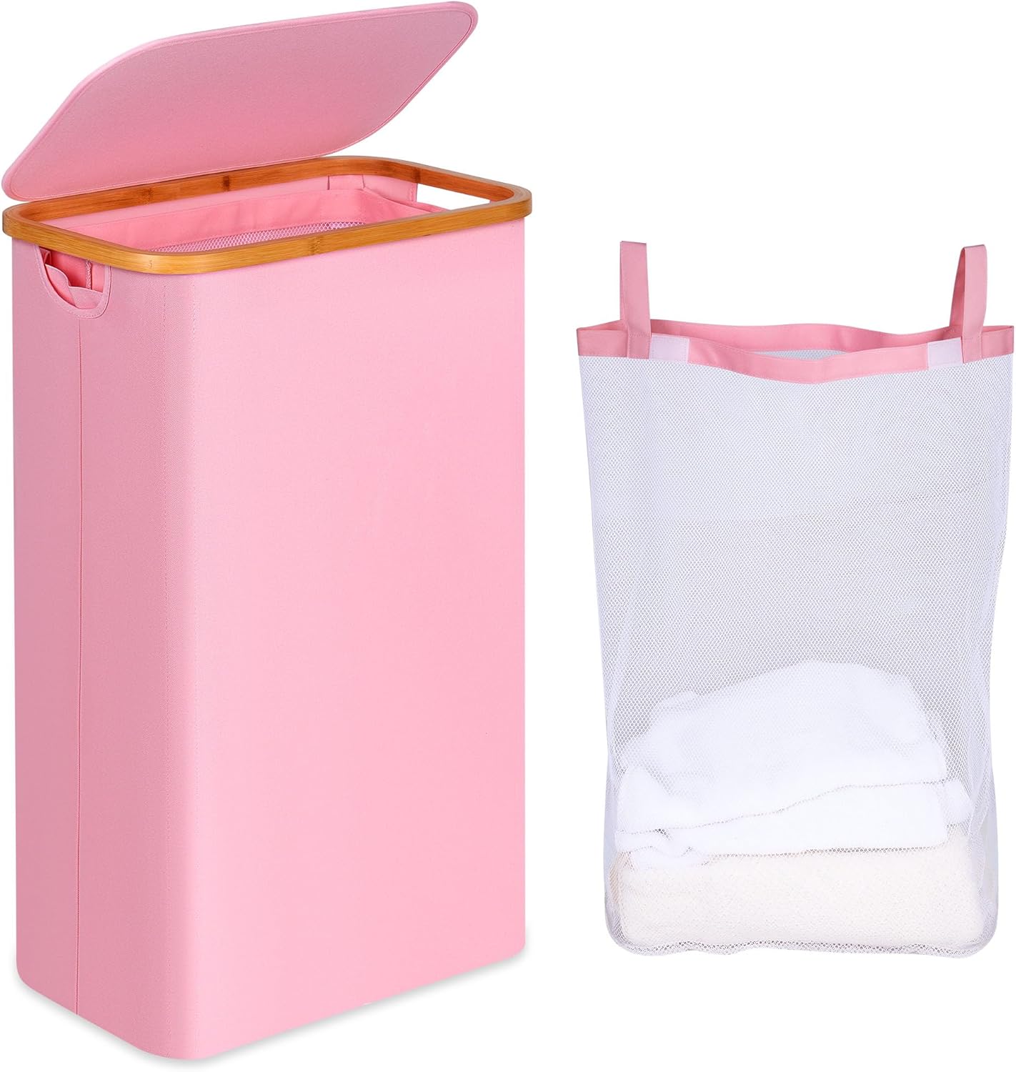 

Компактная узкая корзина для белья — складная корзина объемом 60 л с бамбуковыми ручками и съемным вкладышем | Водонепроницаемый органайзер для одежды розовый