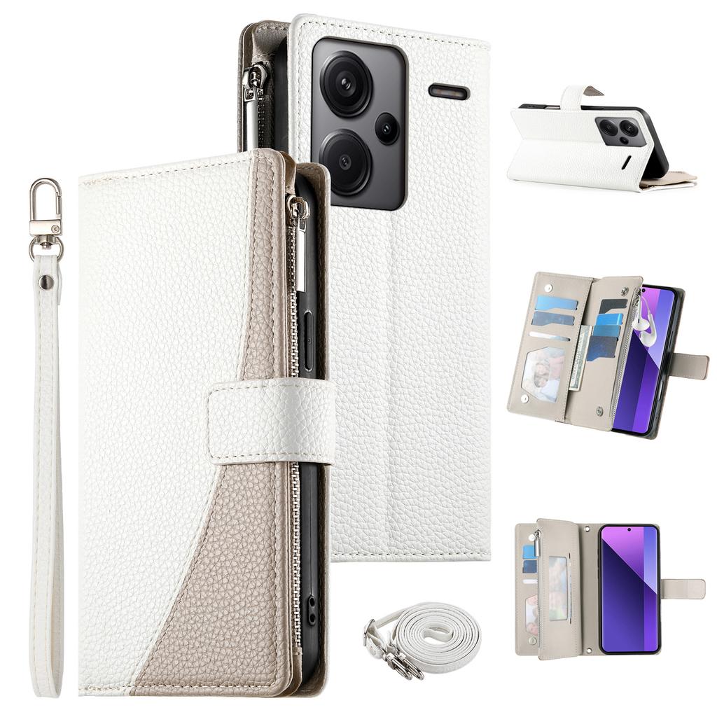 For Xiaomi Redmi Note 13 Pro+ 5G Case Zipper Wallet Color Splicing Leather Flip Phone Cover with Straps