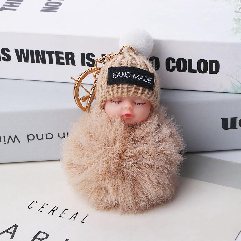 Keyrings Women Girl Pompom Keyrings Plush Doll Keychains Fluffy Plush Doll Sleeping Baby Keychain
