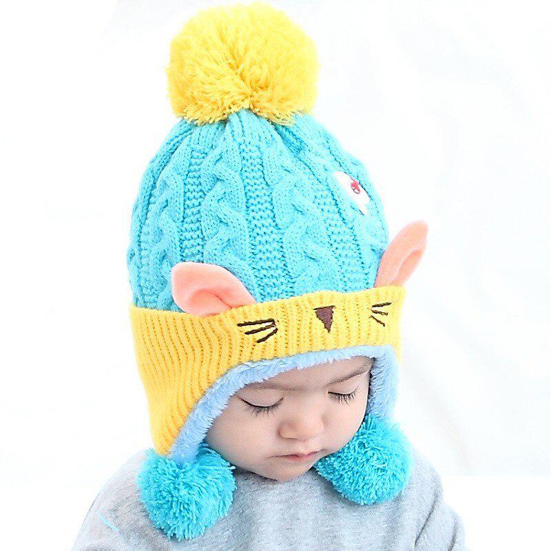 Iarnă Copii mici Bebeluși Băieți Fete Desene animate tricotat șapci cu minge Copii Headwrap drăguț ureche de pisică șapcă pentru sugari