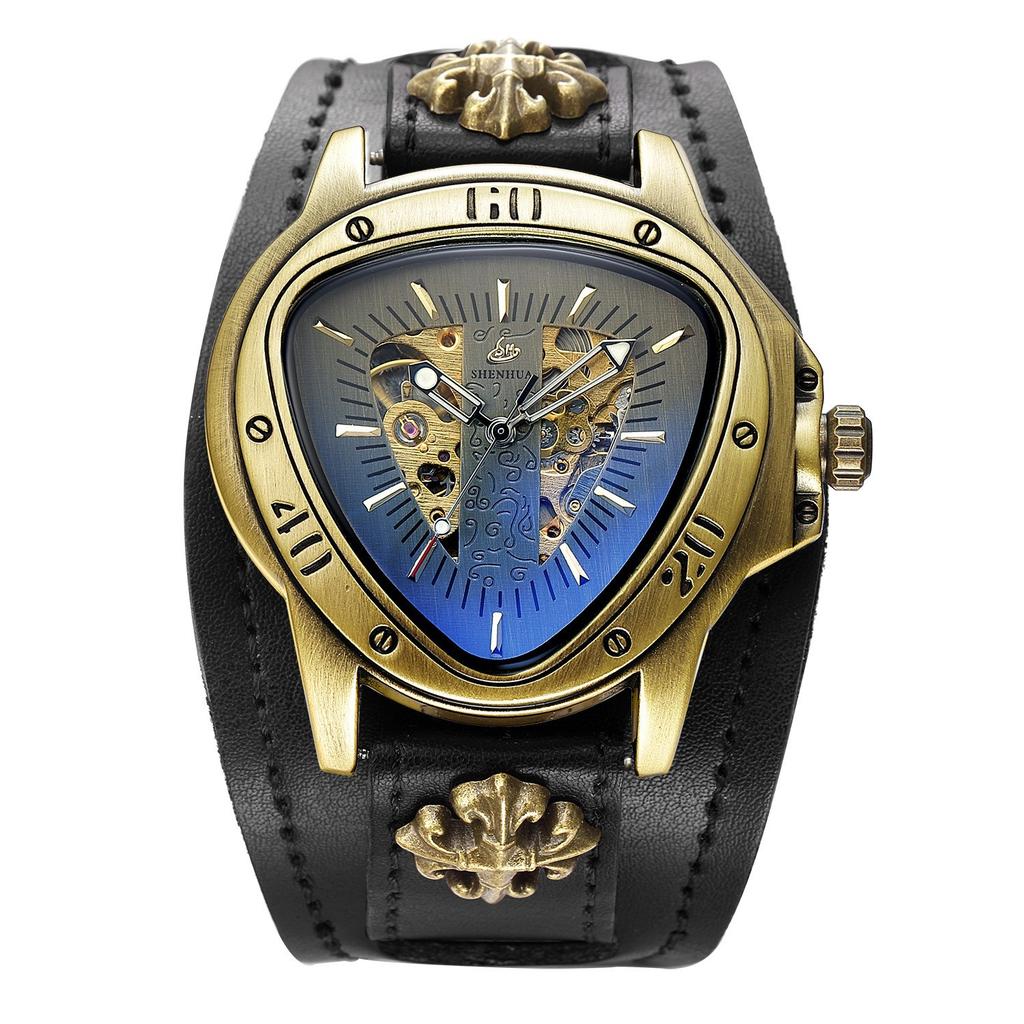 Shenhua Belt Rivet Buckle Men'S Barrel Shaped Hollow Skull Tourbillon Automatic Mechanical Watch