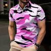 Women Short Sleeve Polo Shirt Pink White Black Camouflage Print Half Zip Lapel Top