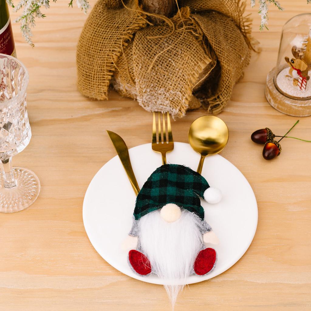 Festive Checkered Hat Gnome Tabletop Ornament With Cutlery Holder Holidays For