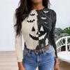 Women Halloween Print Long Sleeve Slim Fit Crew Neck Base Shirt Stretchy Ribbed Fabric Casual Top for Autumn and Winter