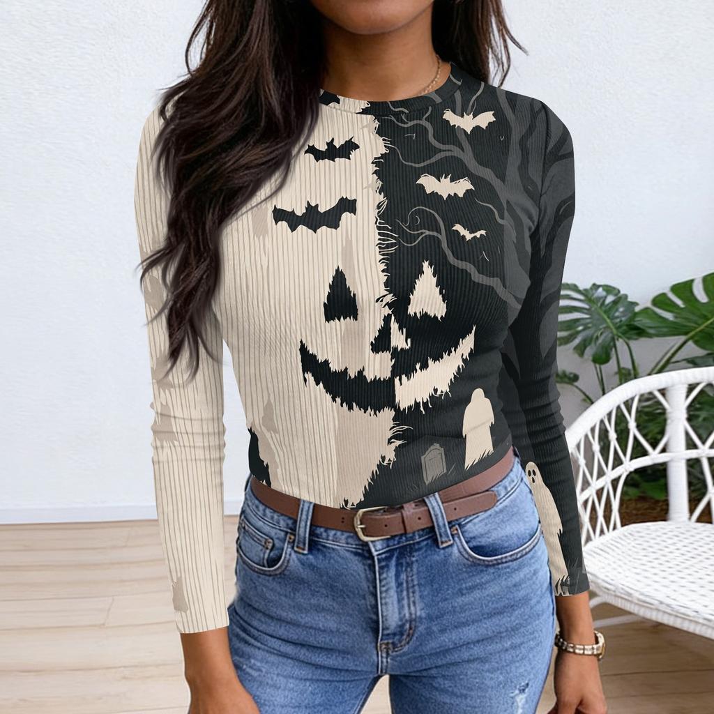 Women Halloween Print Long Sleeve Slim Fit Crew Neck Base Shirt Stretchy Ribbed Fabric Casual Top for Autumn and Winter