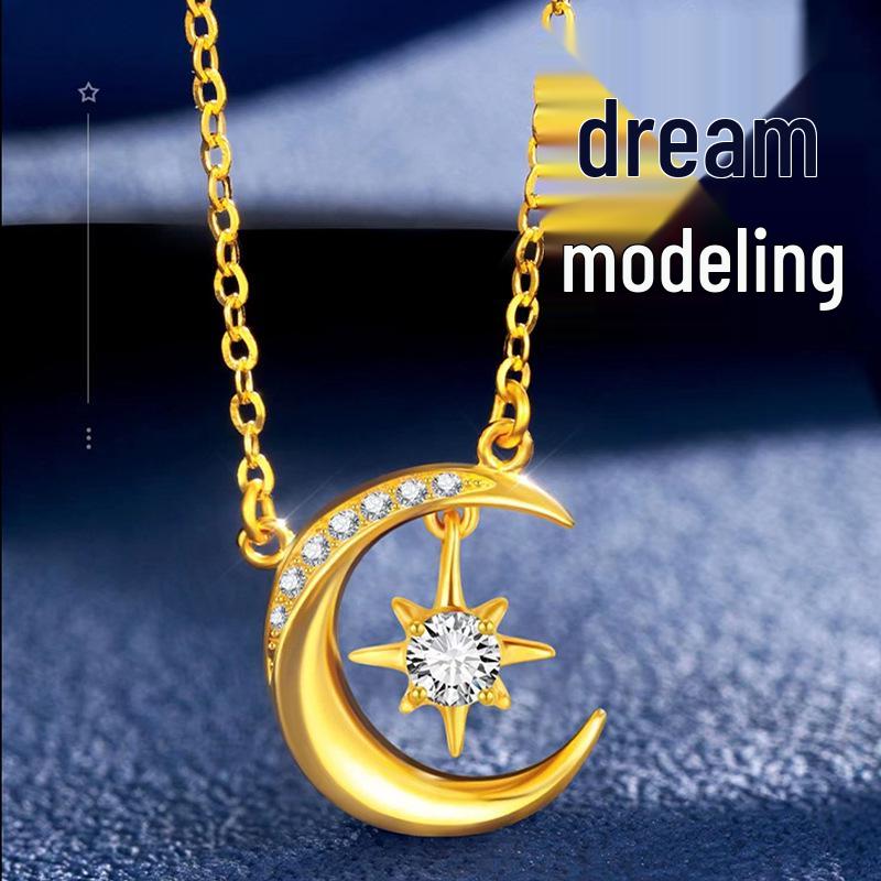 Вьетнамское ожерелье «Песчаное золото» со звездой и луной – Позолоченный латунный кулон, Минималистичный женский дизайн класса люкс