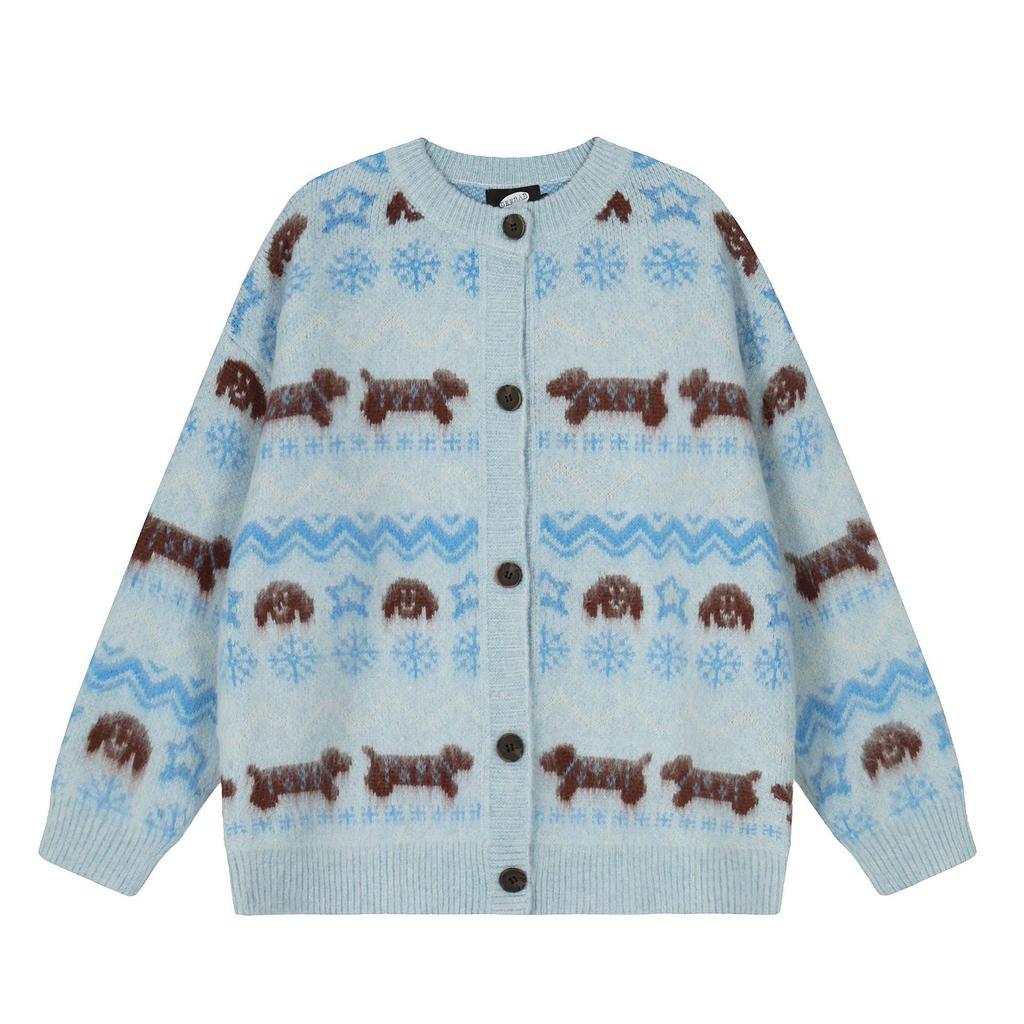 DRIPX Round neck knitted cardigan for women, sweater with small dog pattern, top with long sleeves, for autumn and winter