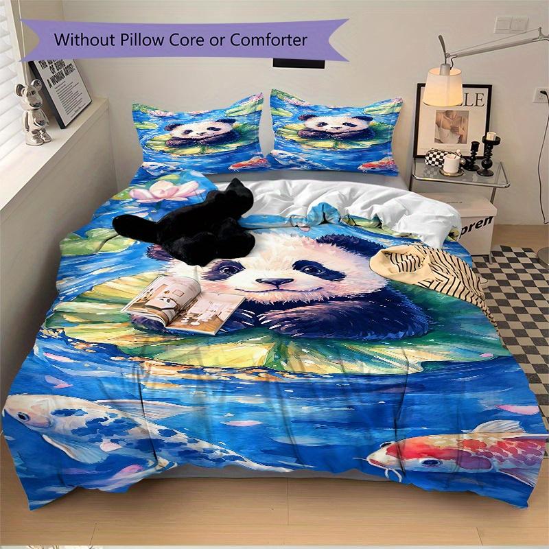 3pcs Panda Lotus Bedding Cover Set, Fashion Classic Popular Print Bedding Set, Soft Comfortable, All - Season Use, For Bedroom, Guest Room182