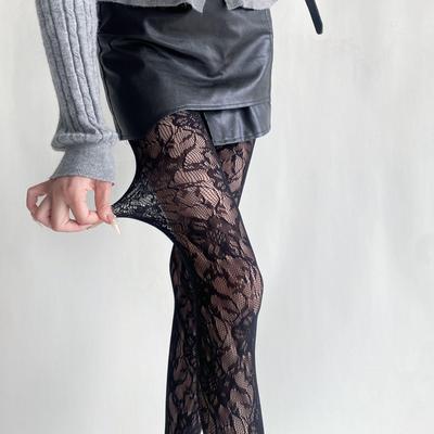 Retro Spitzen-Netzstrümpfe: Damen Sexy Blumenstrick Strumpfhose (Weiß)
