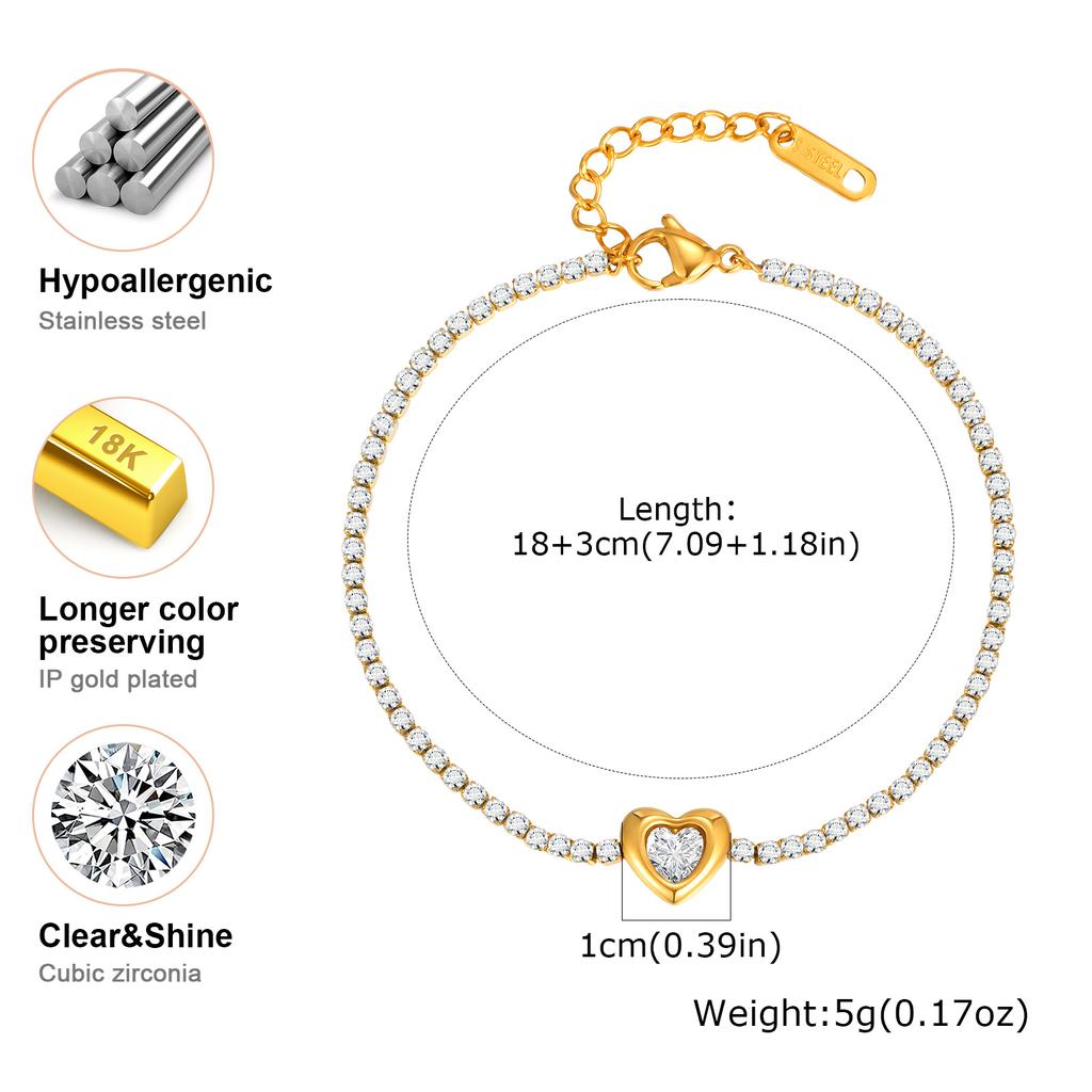 Luxurious Heart Zircon Chain Bracelet for Women,Gold Color Stainless Steel Link Chain Bracelets,Fashion Jewelry Gift