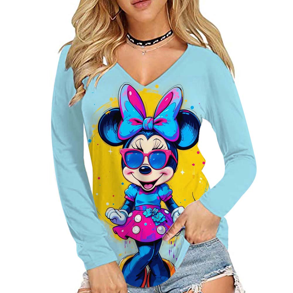 Disney Mickey Mouse Printed Women's Basic Long Sleeve Loose V-neck T-shirt Autumn/Winter 10 Color T-shirt Street Wear