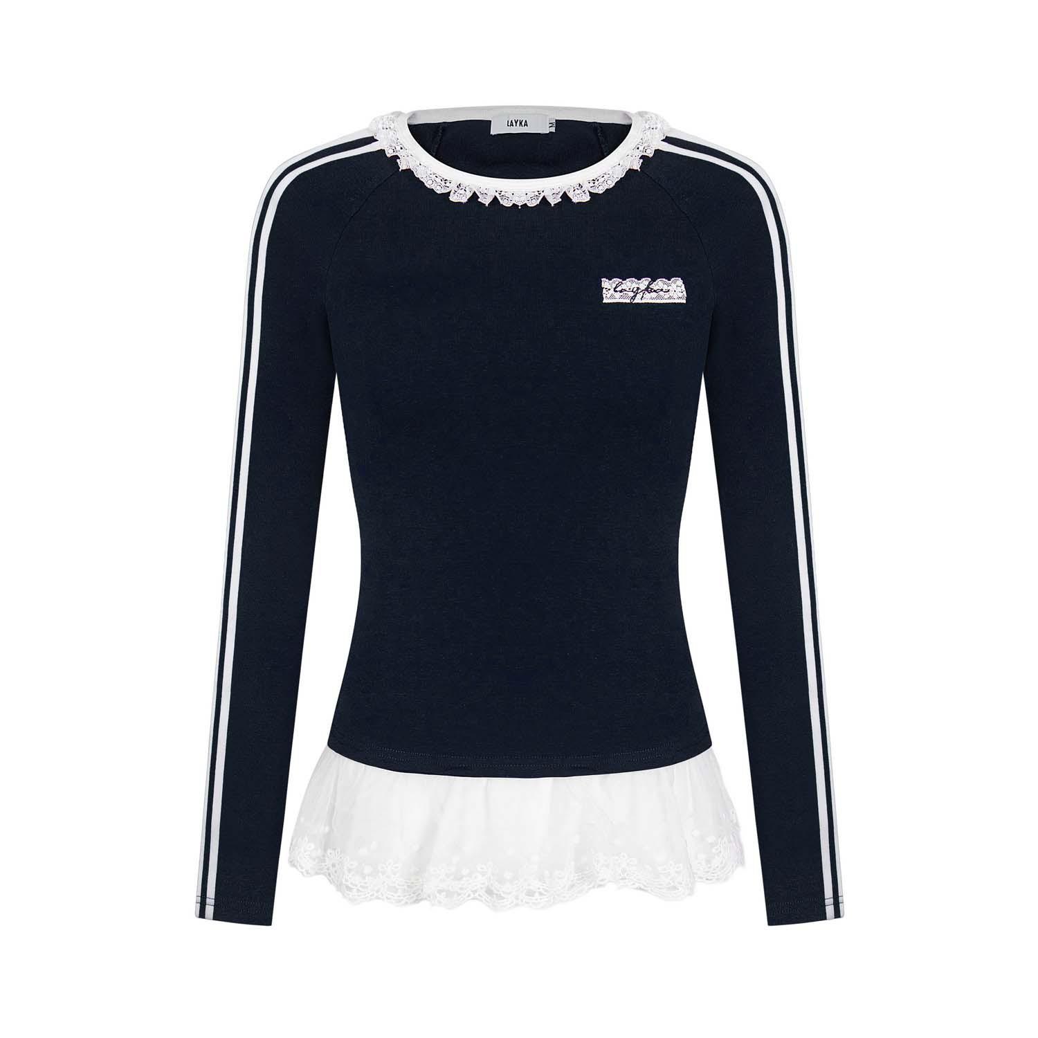 

American Retro Colorblock Lace Waist-Hugging Red Long-Sleeve Women s Slimming Top for Spring and Autumn L тёмно-синий