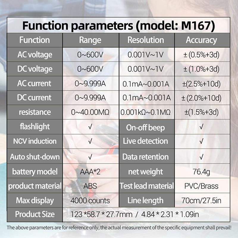 M167 Digital Mini Multimeter Tester Auto Multimetro True Rms Tranistor Meter With NCV Data Hold 4000counts NCV Flashlight