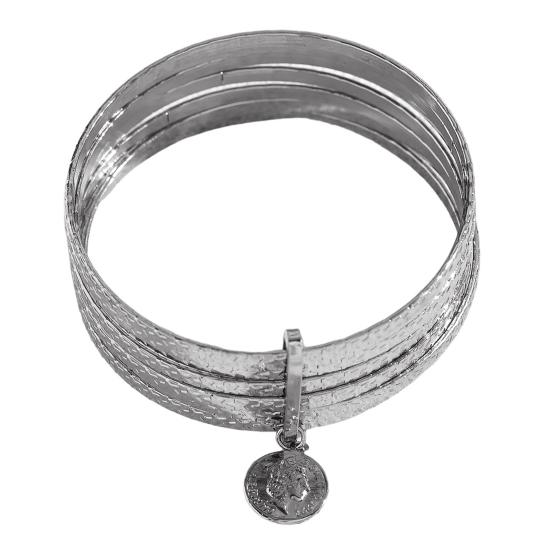 Women Bracelet with Portrait Coin Pendant, Multi-Layer Surround Stacking Effect Bangle, Electroplated Elastic Fit Wrist Jewelry Size#17