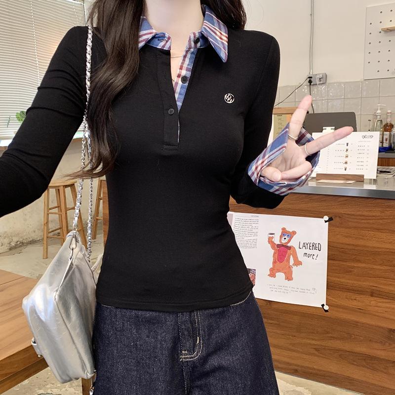 

Футболка с длинными рукавами в клетку с воротником поло для женщин, весна, новый большой размер Fat MM Slim Fit и тонкий поддельный двухкомпонентный топ XL чёрный