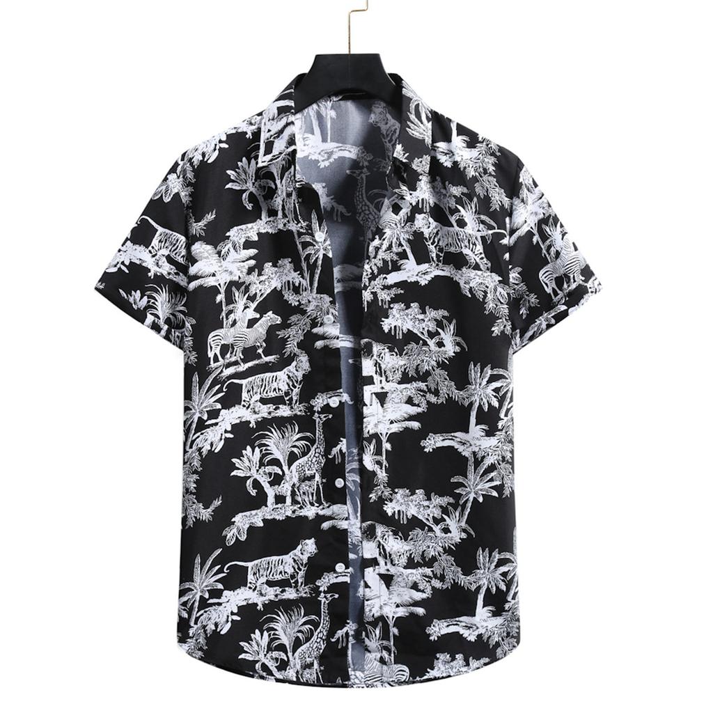 Men's Cardigan Short Sleeve Hawaiian Beach Flower Shirt Men's Turtleneck Shirt