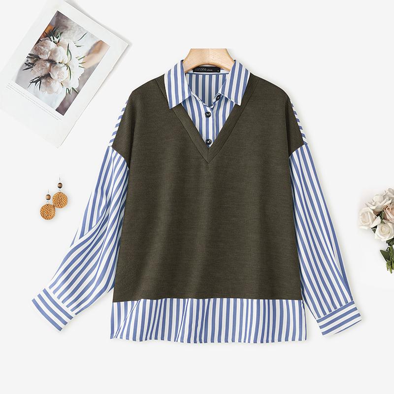 

ZANZEA Женская блузка с отложным воротником, длинным рукавом, в полоску XL синий