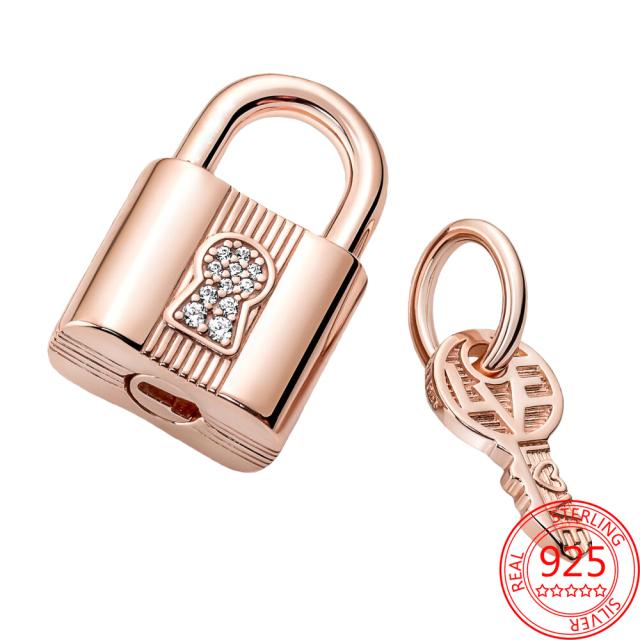New 925 Sterling Silver Gold Padlock & Key Dangle Charm Fit  Original  Silver Bracelet Beads for Women Fine Jewelry Gift