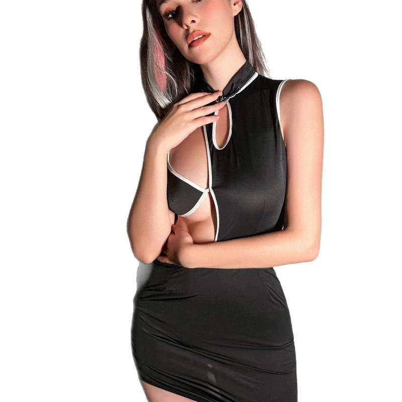 Sex Underwear Women's Cheongsam Sexy Nightclub Maid Maid Uniform Neck Temptation Hollow Tight Hip Skirt
