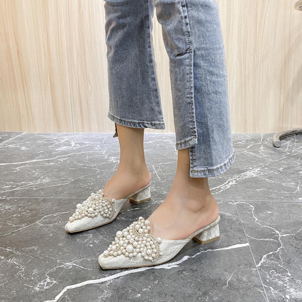 New Thick Heel Baotou Slippers with Pearl Decoration for Women's Head, Middle Heel, Soft Bottom, Half Tow, Outerwear Cool