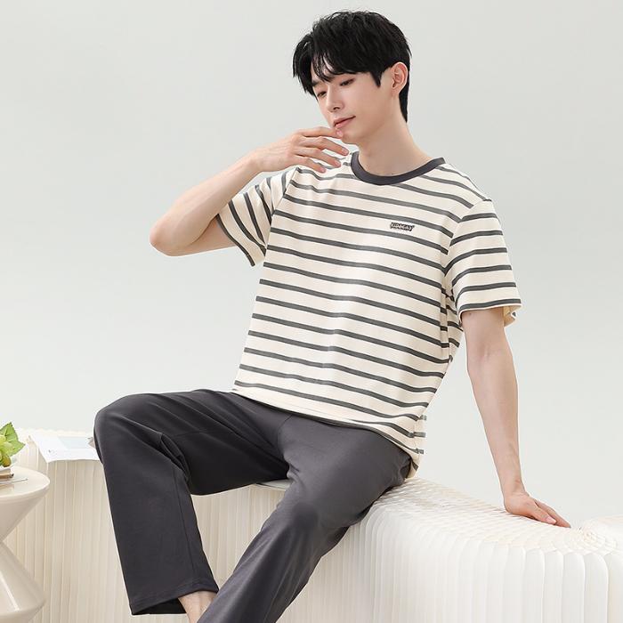 

Spring Summer Cotton Stripe Leisure Men s Pajamas Set Elastic Waist Boys Sleepwear Long Sleeve Nightwear Soft Pijama Home Wear 3XL