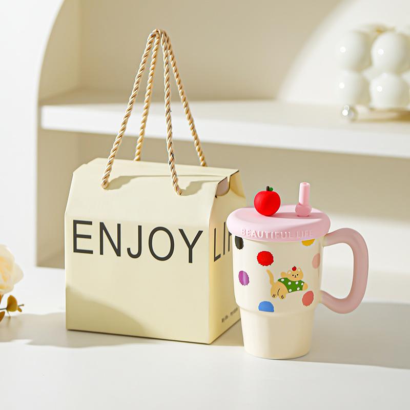 Apple Sippy Cup for Girls Birthday Girl Heart Cat Sippy Cup Cute Ceramic Mug Souvenir Gift Box