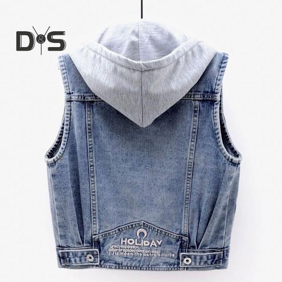 Damen Jeansmantel für Herbst und Frühling, einreihig, ärmellos, mit Kapuze, Taschen, lockere Jacke mit Kordelzug, kurze Weste für den Alltag