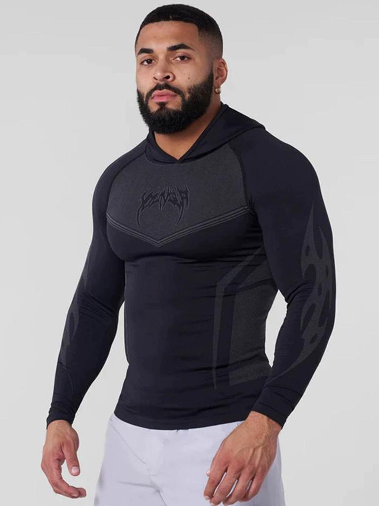 YOUNGLA Men's Tight Hooded Quick-Dry Long Sleeve T-shirt for Running, Sports, Fitness, and Training