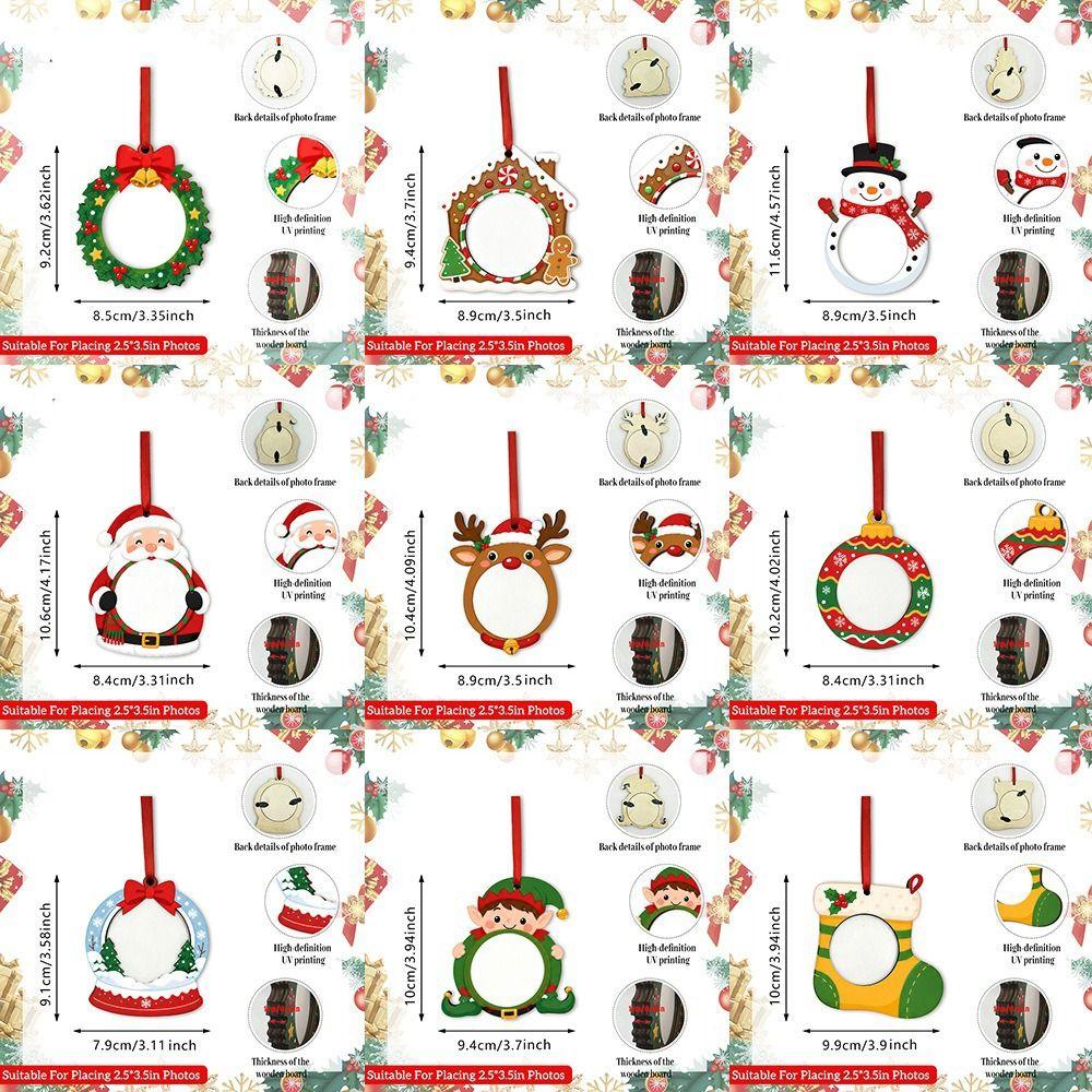 Flat Design Christmas Photo Frame Hanging Rope Bulk Set Wooden Picture Ornament 2D Style Wood Material Xmas Tree Decoration