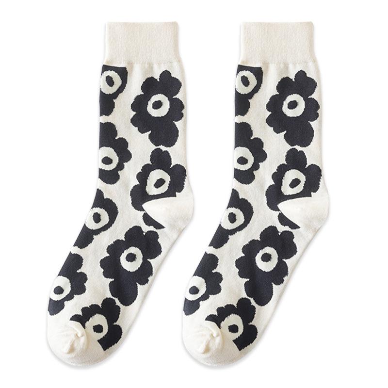 Socken in japanischem Stil mit Tiermuster, mittellang: Kuh, Zebra, Katzen-Design, Unisex, Schwarz & Weiß
