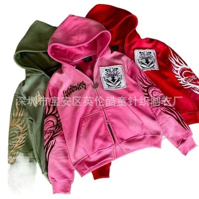Láska ďábel zip svetr vyšívaný trendy značka volný kardigan svetr s kapucí bunda horký