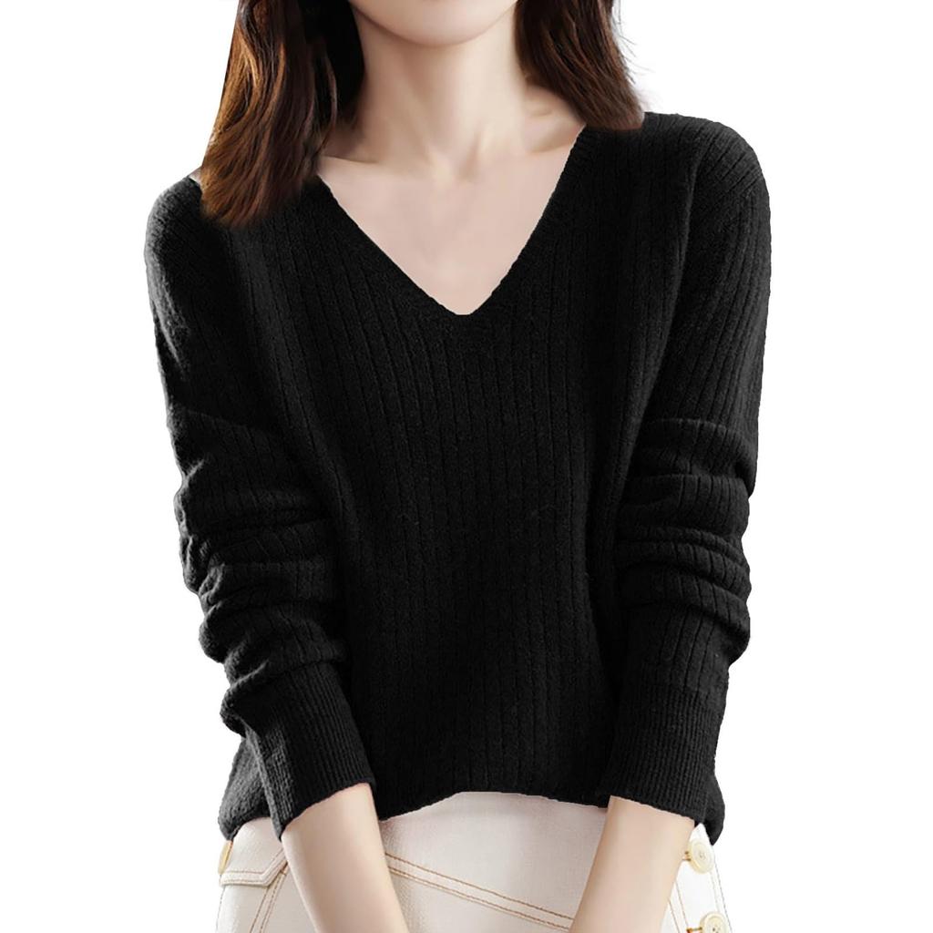 Women's Fashion Loose Knit Sweater Bottom Shirt V-Neck Pullover Long Sleeve Solid Color Top