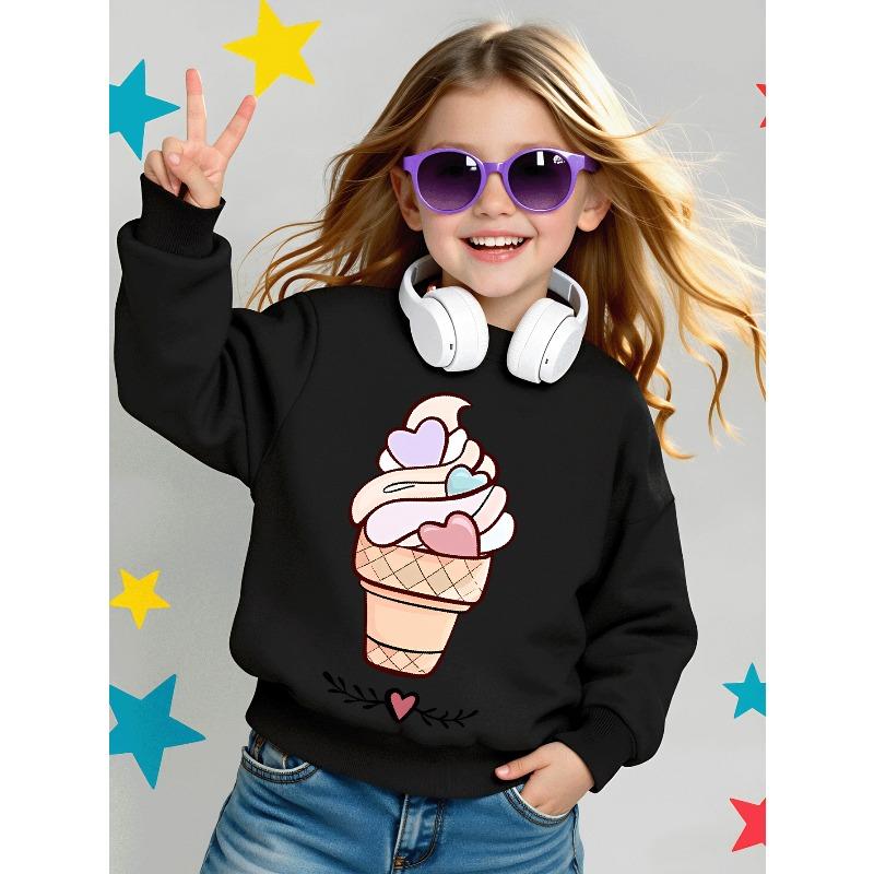 Kids Sweatshirt Crewneck Sweatshirt for Kids Featuring a Heart-Shaped Ice Cream Cone Design, Suitable for Machine Washing