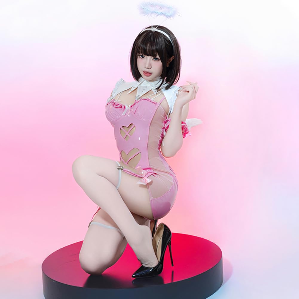 SENMHS Sexy Devil Vampire Witch Demon Cosplay Costume in PU Leather, Maid Style, See-Through, Bodycon, Underwear-Style Costume for Halloween, Ghost Pe