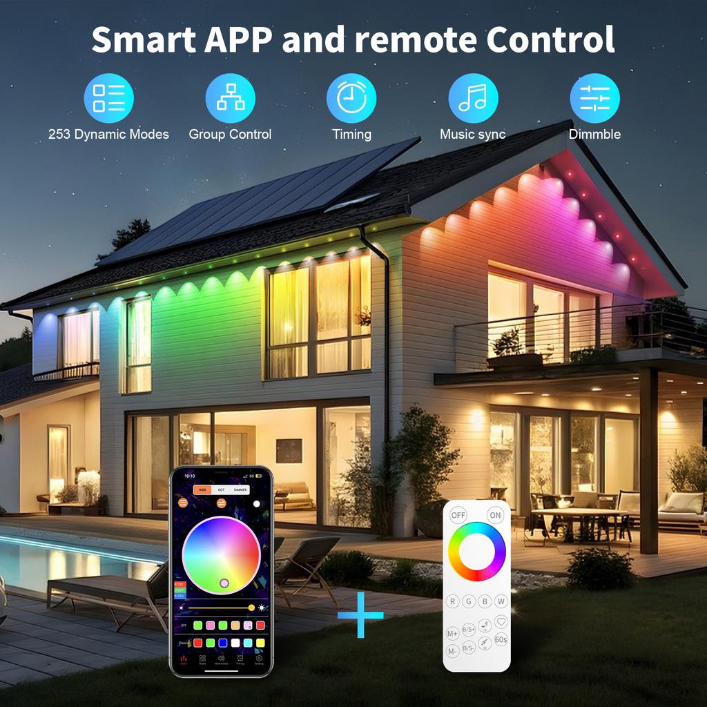 Outdoor RGBIC Lights String IP67 Waterproof Smart LED Eaves Lights with App/Remote Control for Christmas and All Holiday Decor
