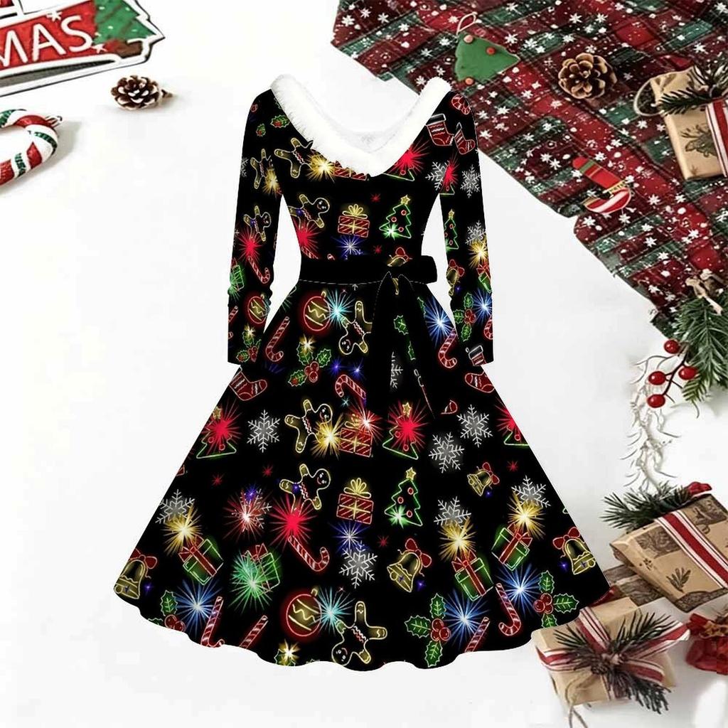 Women Christmas Tree Print Midi Dress, Long Sleeve V‑Neck Furry Trim A‑Line Party Dress, Christmas Limited Edition