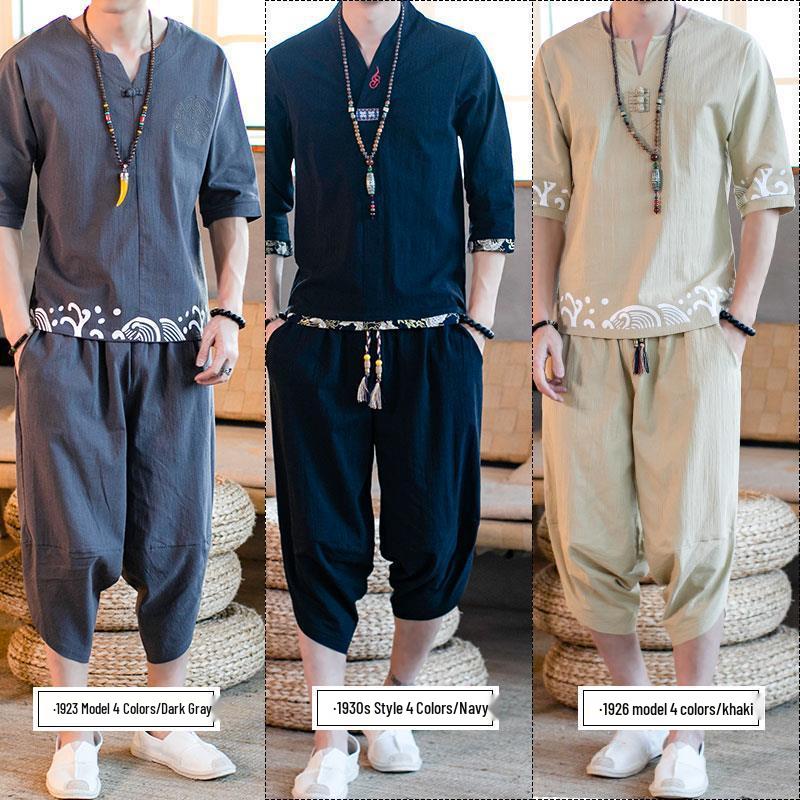 Herren Sommer Leinen T-Shirt & Sieben-Punkt Hose Hanfu Set - Lockere Passform, Übergröße